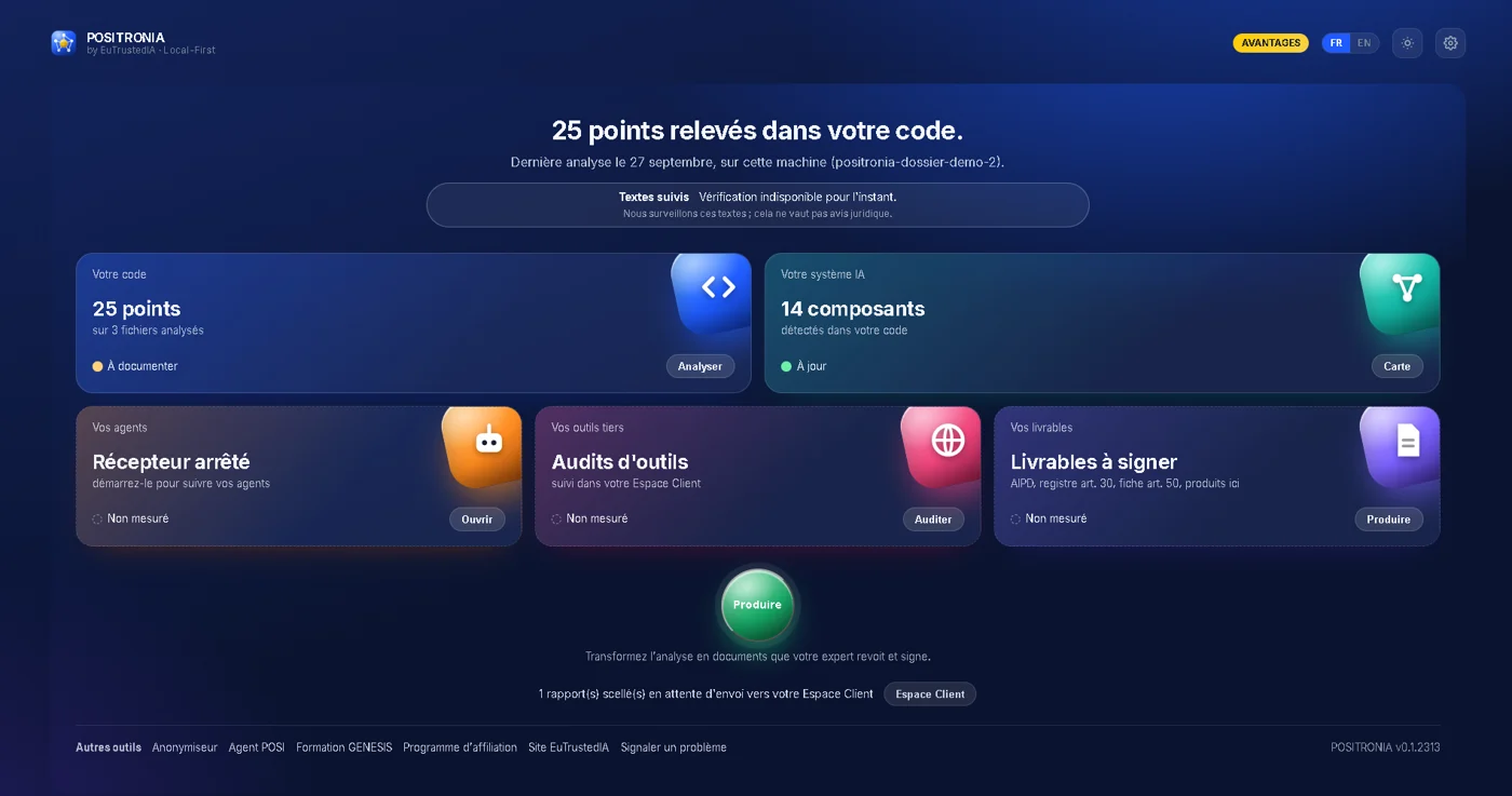 L'accueil de POSITRONIA après une analyse : ce qui est à jour, ce qui reste à documenter.